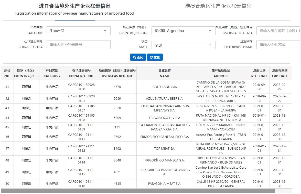 阿根廷输华肉类企业名单-牛肉